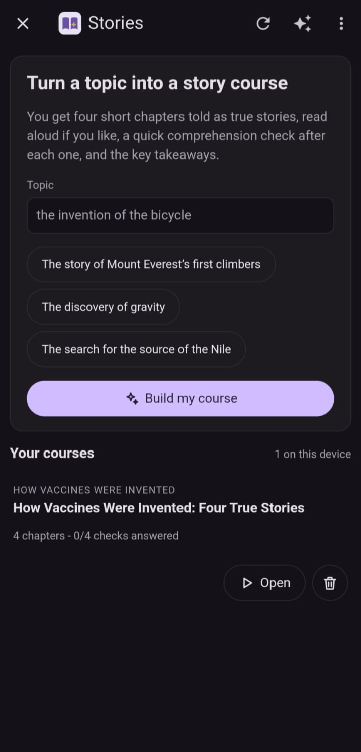 Stories, a mini app that turns a topic into a story course